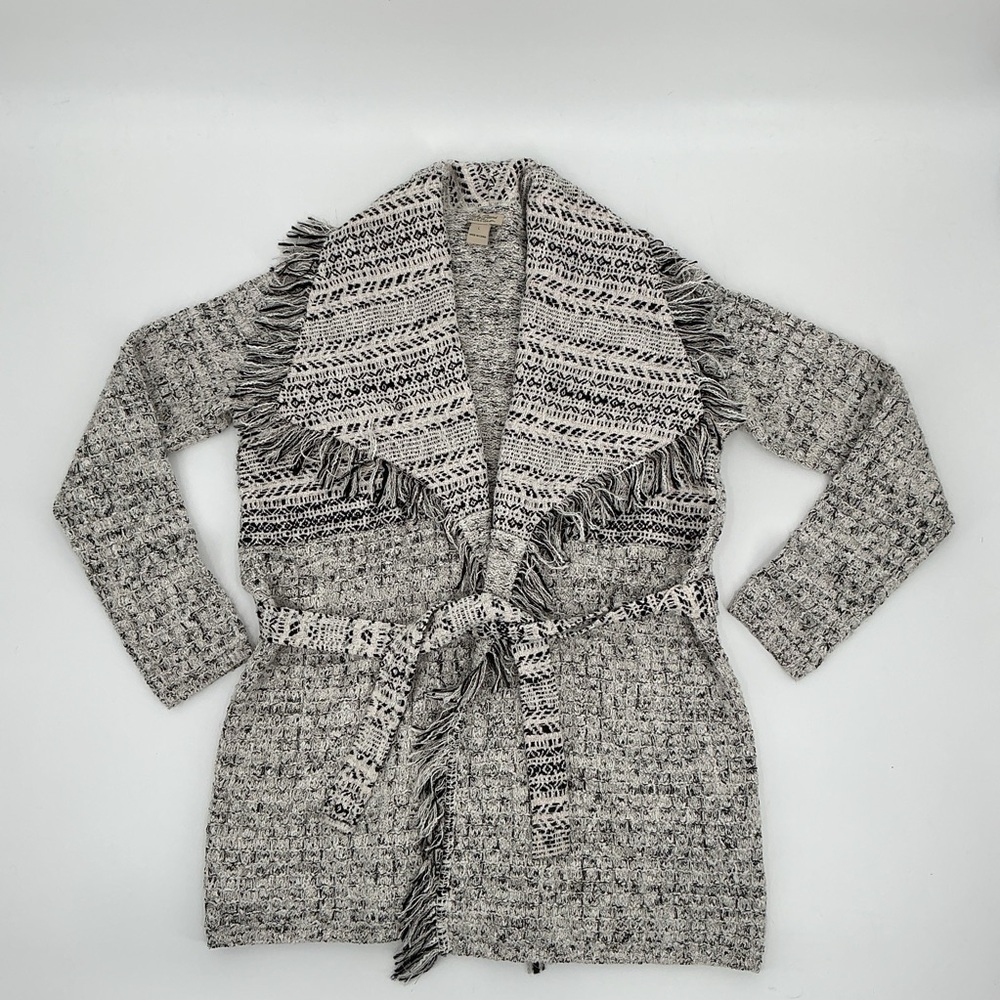 Lucky Brand Ladies Metallic Fringe Tweed Textured Knit Belted Sweater Cardigan